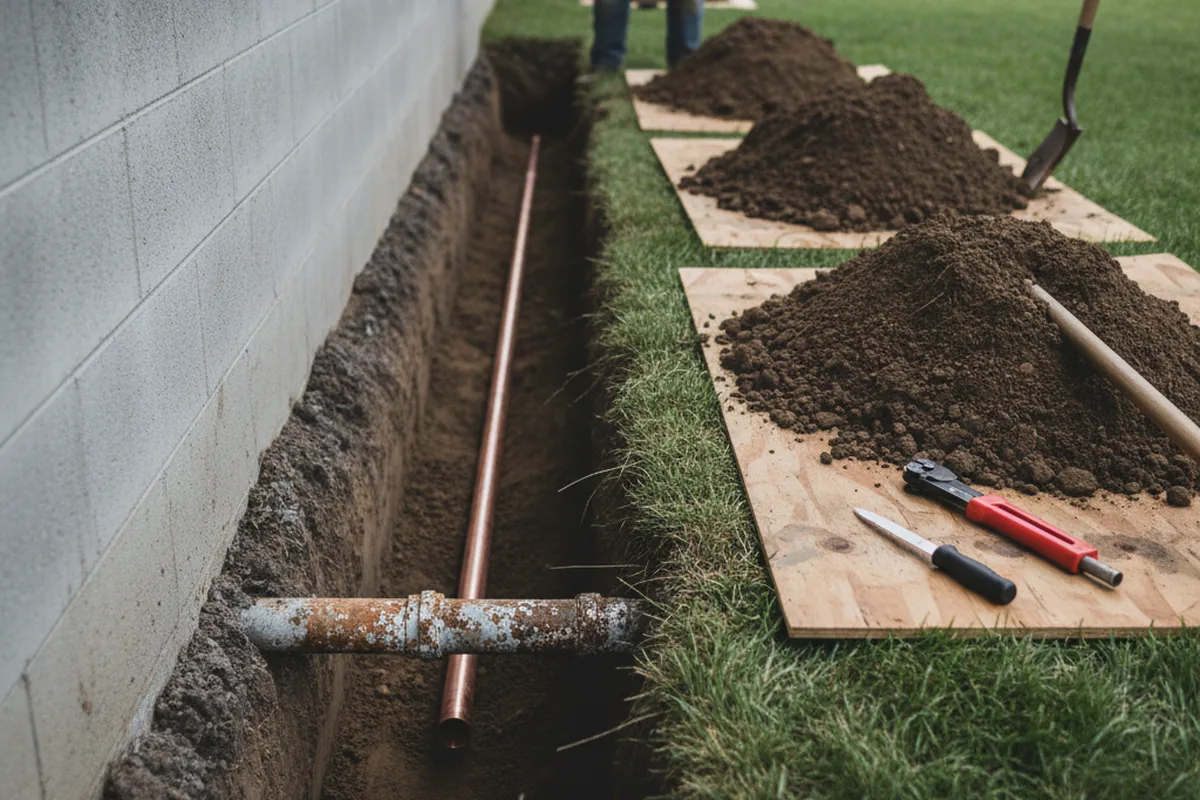 Excavated water line trench during Water Softener Installation in Golconda